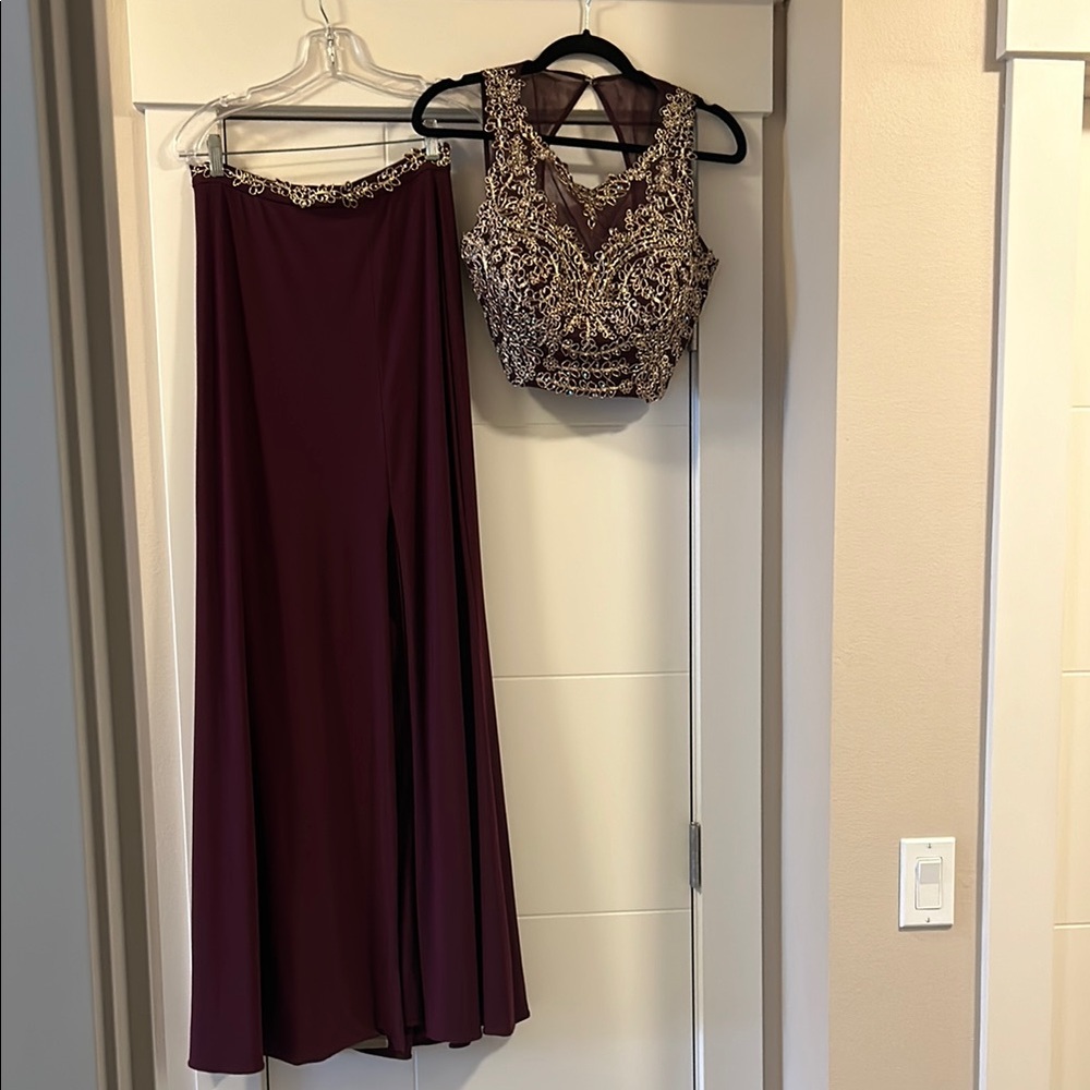 Elegant Burgundy Two-Piece Gown with Embellished Top